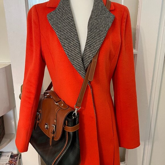 Korean Orange Wool Blend Coat – 58% Wool, Houndstooth Collar, Double Breast - Picture 10 of 10
